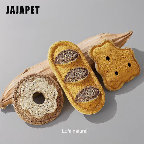 JAJAPET Juguetes Dentales de Lufa Natural para Gatos – Pack 3 (Donut, Brioche, Galleta)