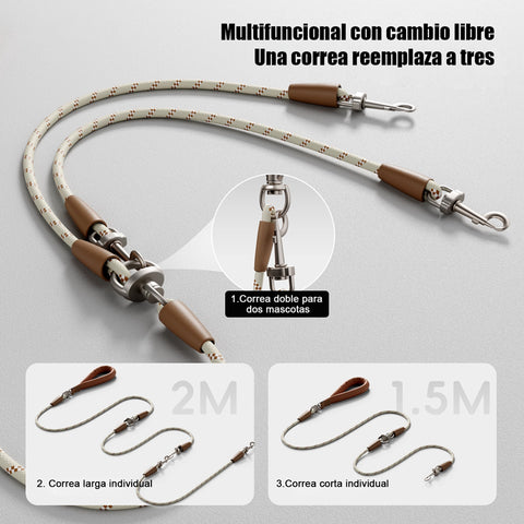 Correa Doble Antienredos 360° JAJA PET – Para 2 Perros, Mango Acolchado de Cuero